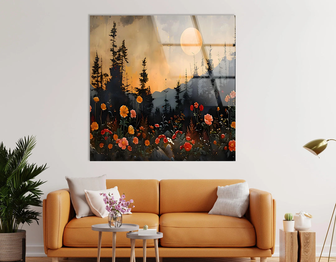 Full Moon & Flowers Glass Wall Art glass photo prints, glass picture prints
