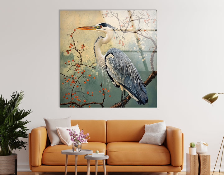 Blühende Gelassenheit – Reiher unter Blüten – Glaswandkunst