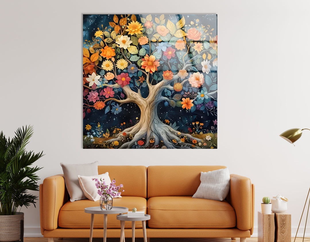 Colored Flower Tree Night Glass Wall Art glass image printing, glass prints from photos
