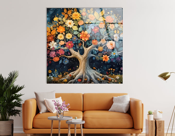 Colored Flower Tree Night Glass Wall Art glass image printing, glass prints from photos

