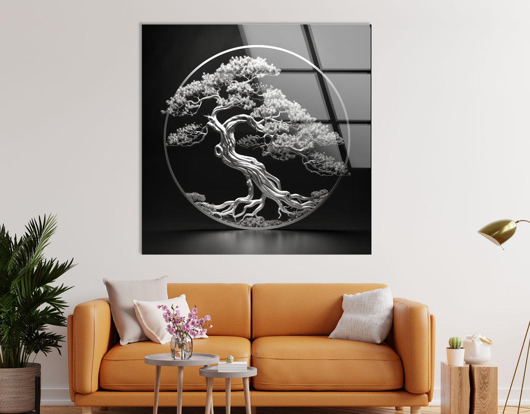 Bonsai Tree Silver Glass Wall Art custom glass pictures, glass art prints
