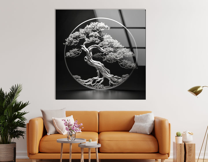 Bonsai Tree Silver Glass Wall Art custom glass pictures, glass art prints
