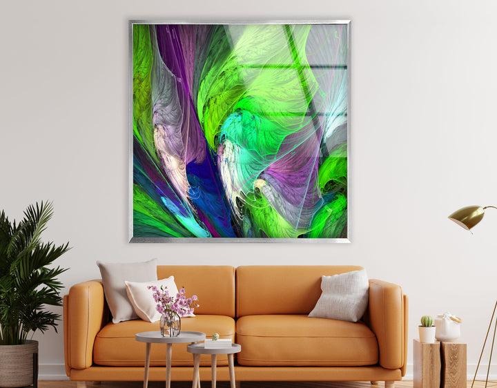 Grün &amp; Lila Abstrakte Wandkunst – Fraktale Feder Glasdruck 