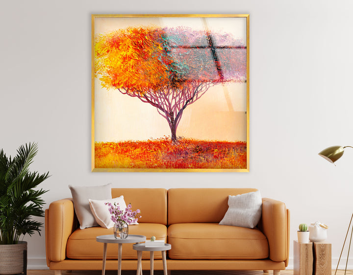 Farbenfrohe Baum-Wandkunst – Lebendiger abstrakter Naturdruck auf Glas 