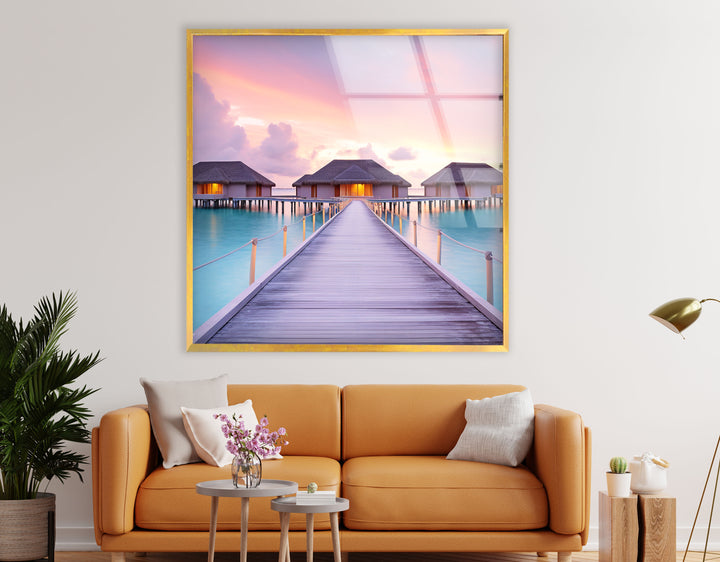 Wandkunst „Überwasserbungalows“ – Glasdruckdekor „Tropischer Sonnenuntergang“ 
