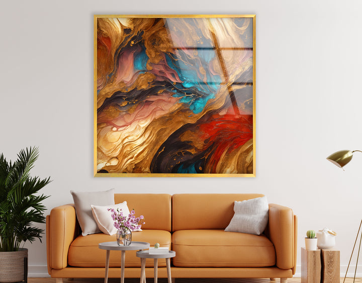 Fiery Gold & Teal Abstract Wall Art – Fluid Ink Design for Interiors