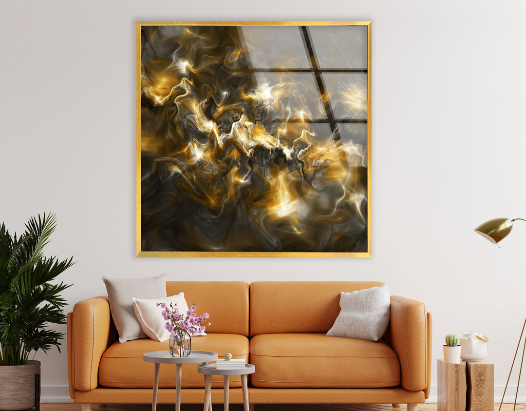 Golden Energy Wall Art – Abstract Marble Glass Print for Interiors