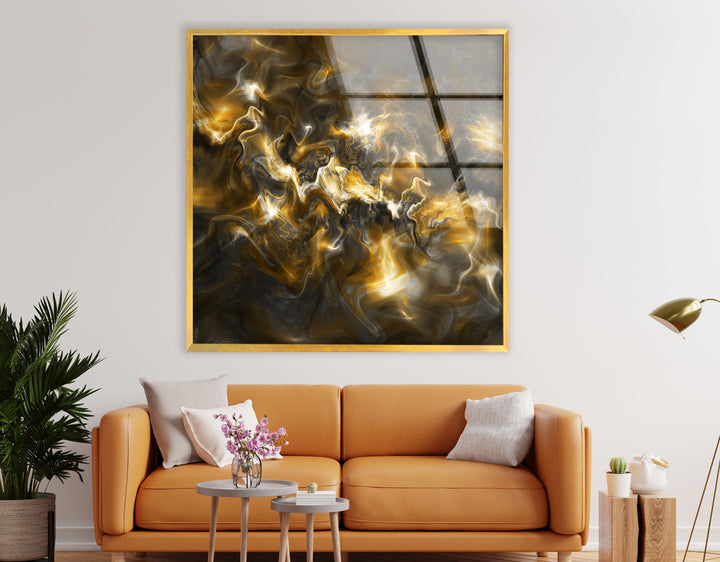 Golden Energy Wall Art – Abstract Marble Glass Print for Interiors