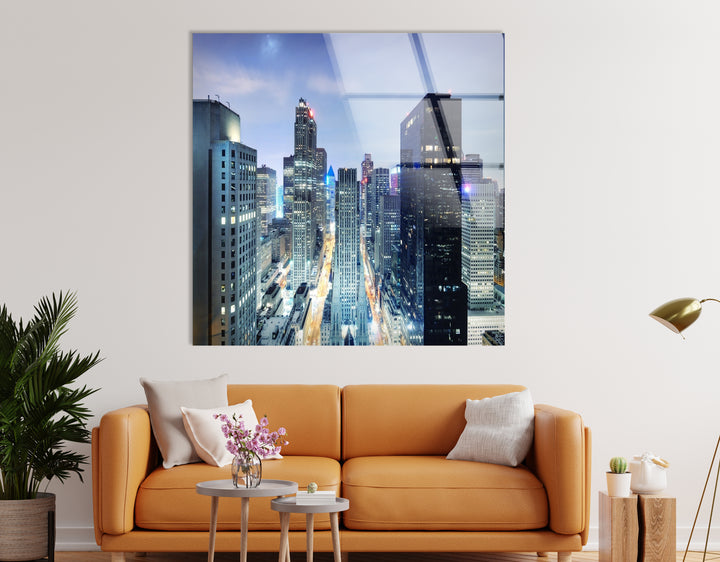 Glaswandkunst mit der Skyline von Chicago – Atemberaubender Nachtblick auf die Wolkenkratzer und Straßen der Innenstadt