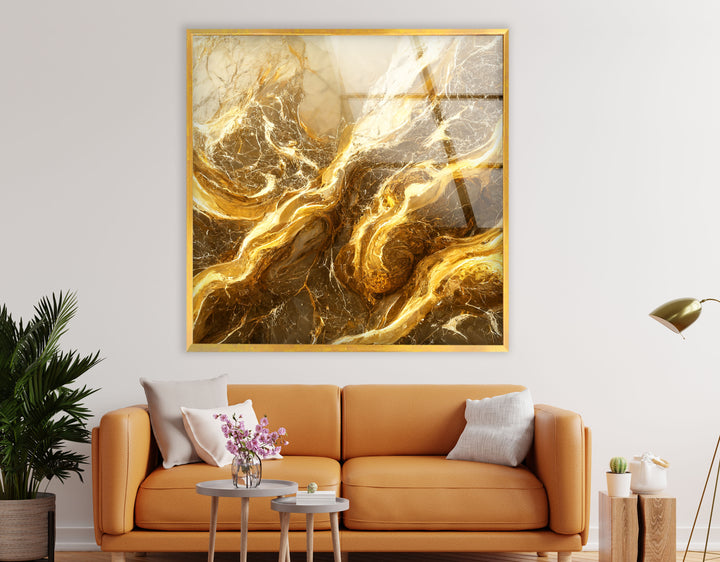 Abstrakte Wandkunst aus goldenem Marmor – Eleganter Glasdruck für Innenräume 