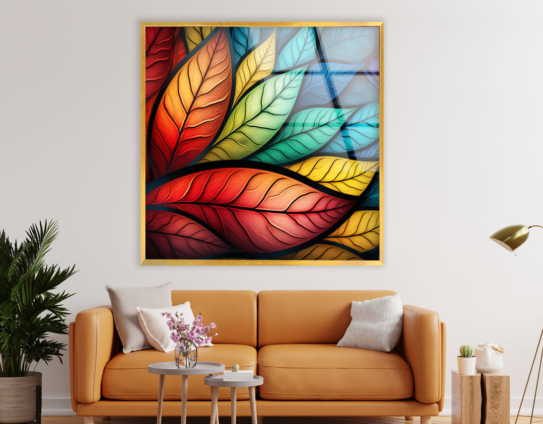 Vibrant Rainbow Leaves Wall Art – Colorful Abstract Glass Print