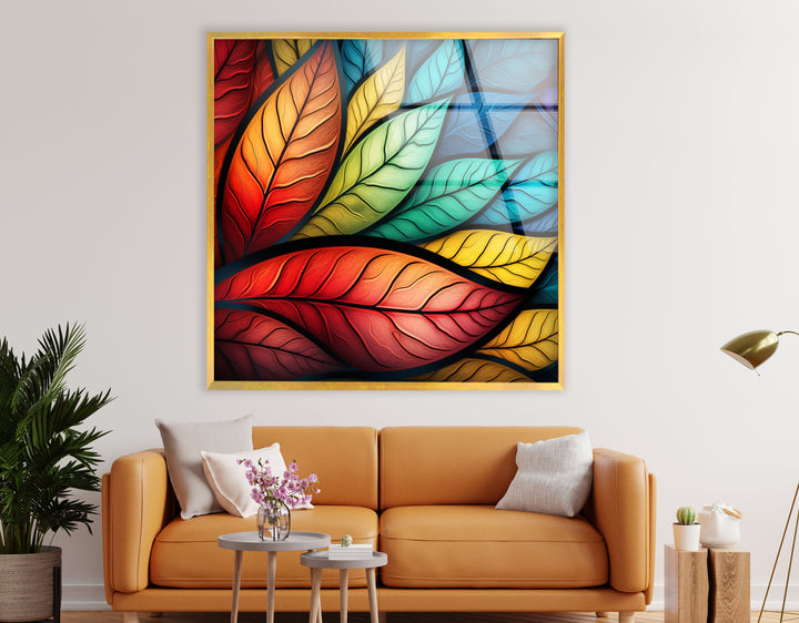 Vibrant Rainbow Leaves Wall Art – Colorful Abstract Glass Print