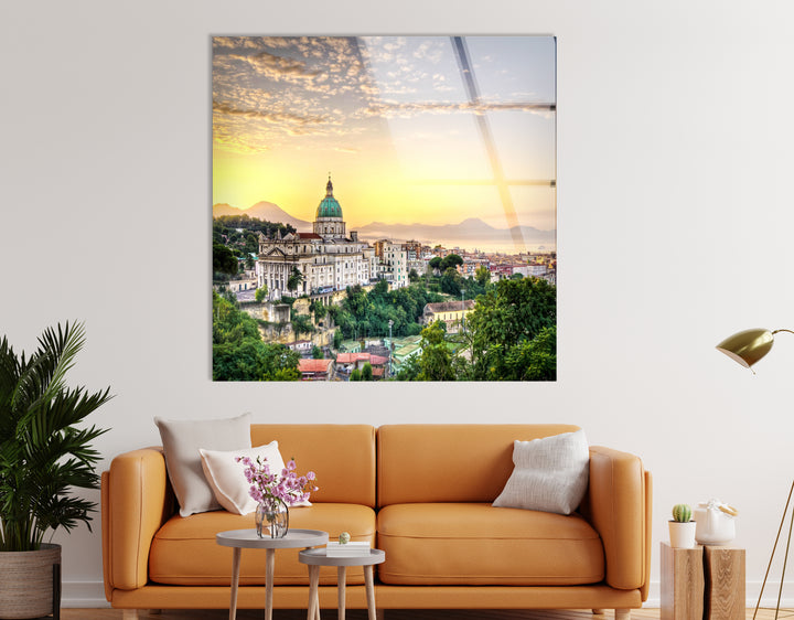Glaswandkunst mit Blick auf die Skyline von Neapel bei Sonnenuntergang – Ikonisches italienisches Stadtbild mit Blick auf den Vesuv
