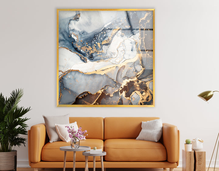 Luxury Blue & Gold Marble Wall Art – Elegant Abstract Glass Print