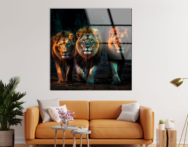 Dreifache Löwenmajestät Wandkunst – Kraftvoller Wildlife-Glasdruck 