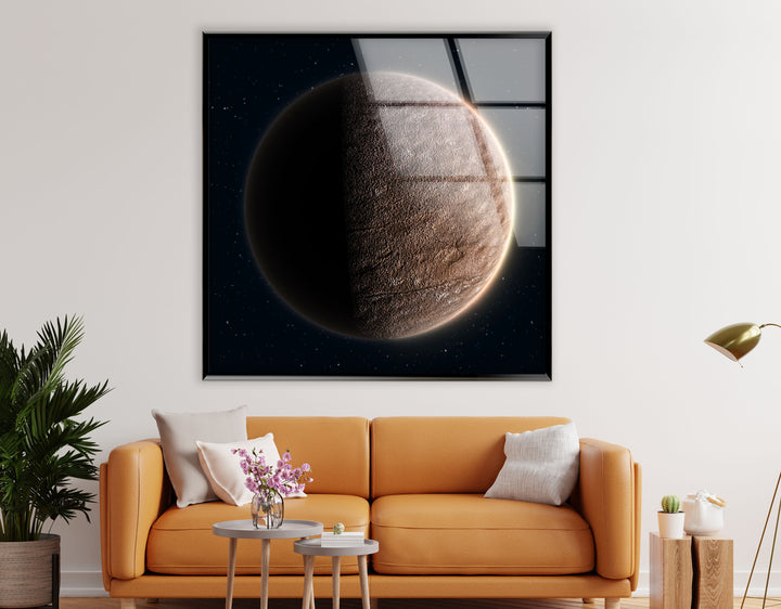 Wandkunst auf der Mondoberfläche – Minimalistischer Weltraum-Glasdruck 