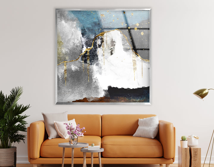 Abstract Mountain Wall Art – Blue, Gold & Neutral Glass Print Decor