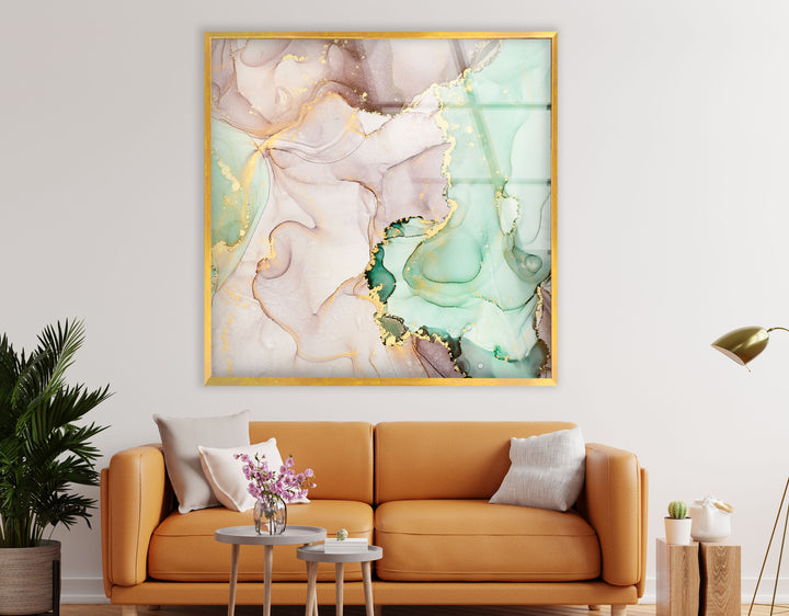 Mint & Gold Marble Wall Art – Pastel Abstract Glass Print Decor