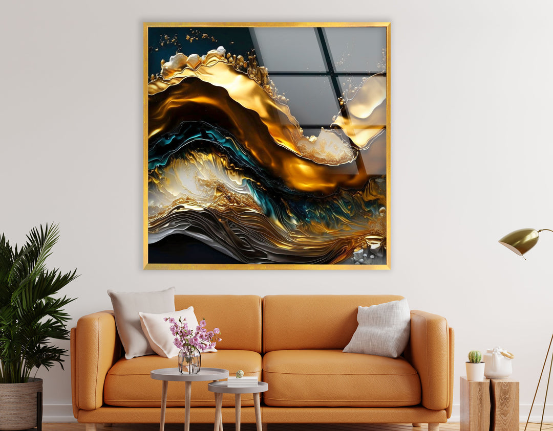 Golden Wave Abstract Wall Art – Luxury Glass Print for Interiors