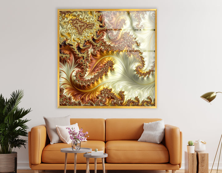 Goldene fraktale Wirbel Wandkunst – Abstrakter Spiralglasdruck 
