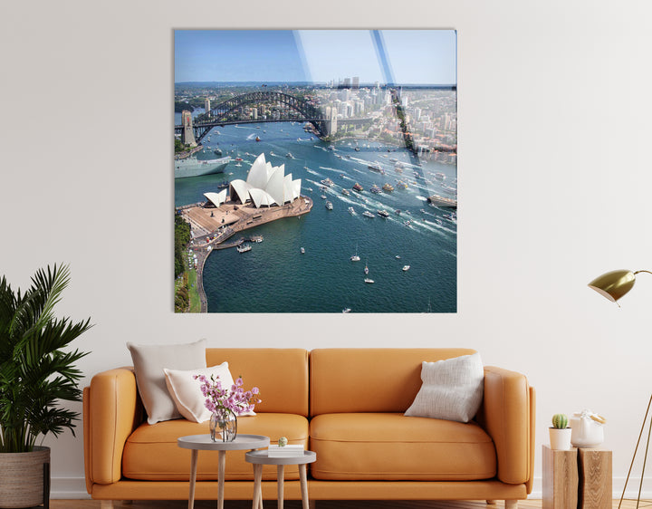 Glaswandkunst des Sydney Opera House – Ikonischer Blick auf Australiens Wahrzeichen und die Harbour Bridge