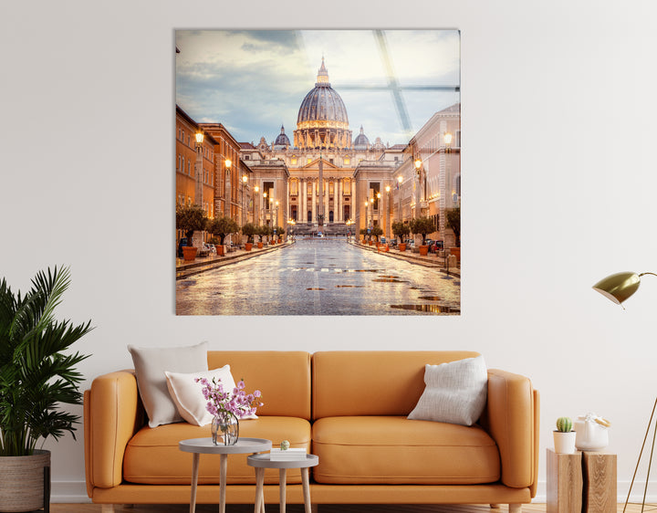 Glaswandkunst Vatikanstadt – Majestätischer Blick auf den Petersdom in der Abenddämmerung