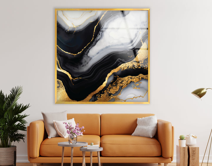Schwarz-Gold-Marmor-Wandkunst – Luxuriöses abstraktes Glasdruck-Dekor 