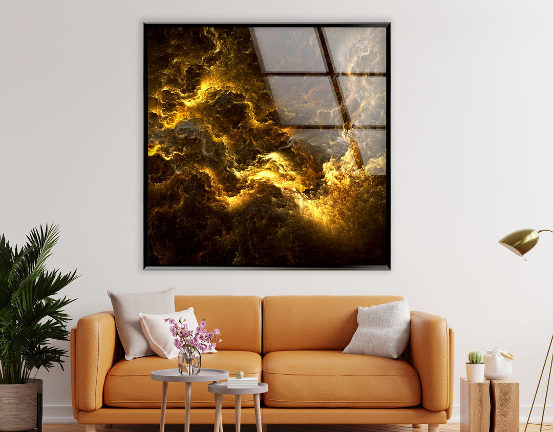 Golden Storm Nebula Wandkunst – Abstrakter kosmischer Glasdruck 