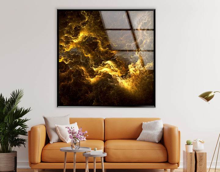 Golden Storm Nebula Wandkunst – Abstrakter kosmischer Glasdruck 
