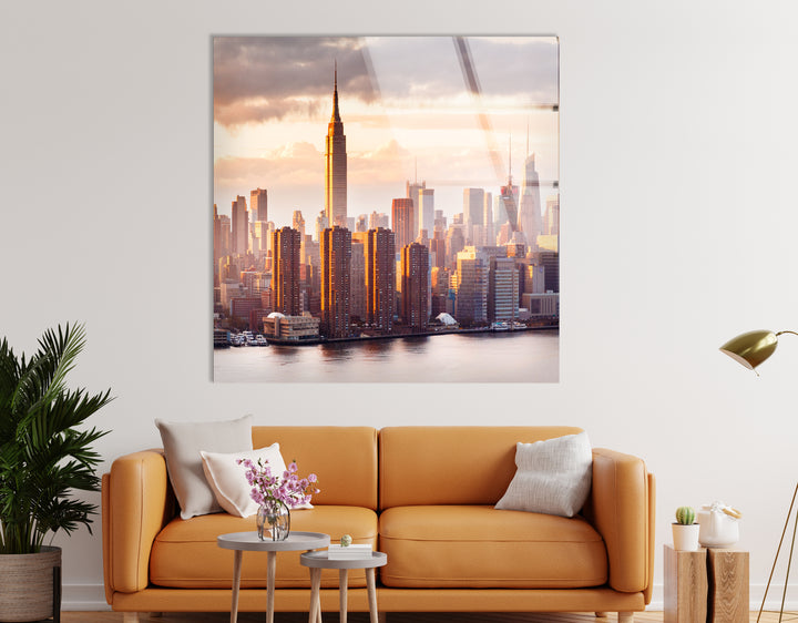Glaswandkunst des Empire State Buildings – Atemberaubende Skyline von NYC bei Sonnenuntergang
