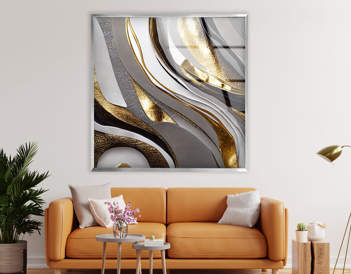Luxuriöse Wandkunst in Silber und Gold – Abstrakter Glasdruck für Innenräume 