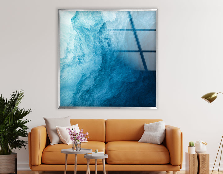Ocean Blue Abstract Wall Art – Fluid Wave-Inspired Glass Print