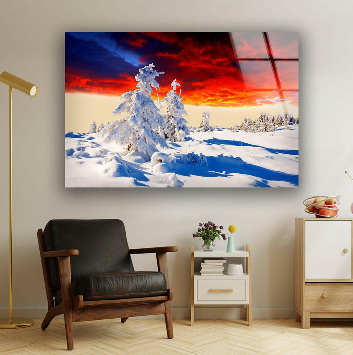 Frosty Trees Illuminated by a Fiery Sunset – A Striking Glass Wall Art
