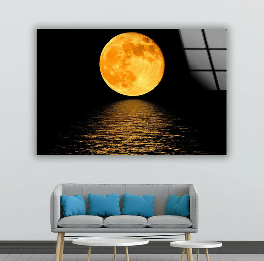 Space Wall Art Moonlight orange glass wall art and moon theme with celestial space art for room decor