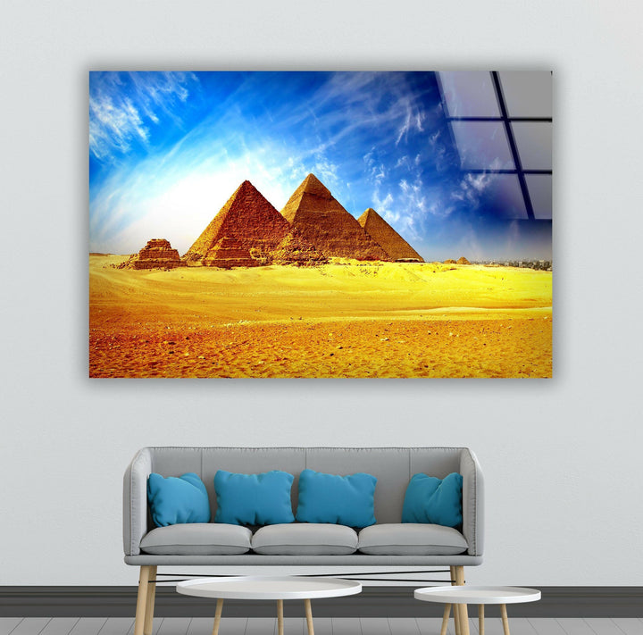 Historical glass wall art featuring the legendary pyramids of Egypt in stunning clarity.
