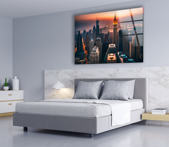 Empire State Building Wandkunst – NYC Skyline bei Sonnenuntergang Glasdruck 