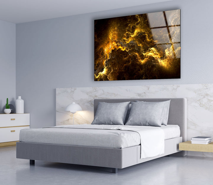 Golden Storm Nebula Wandkunst – Abstrakter kosmischer Glasdruck 