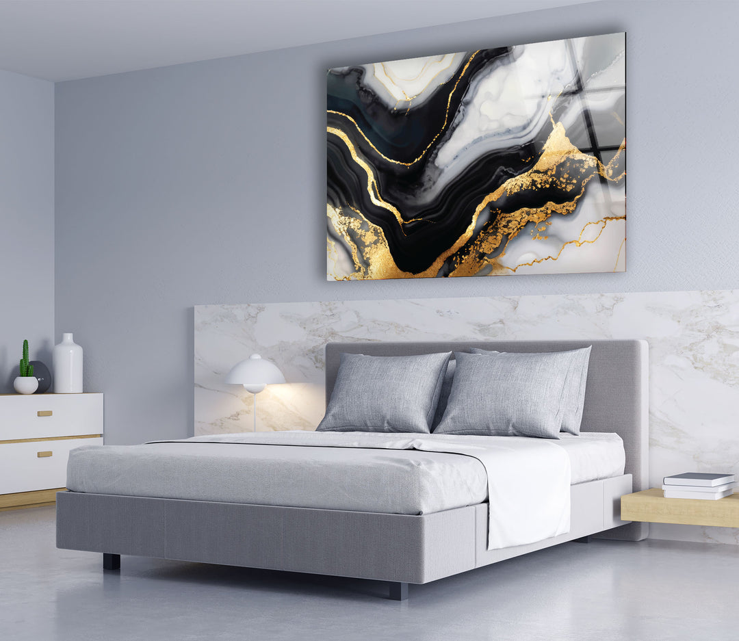 Schwarz-Gold-Marmor-Wandkunst – Luxuriöses abstraktes Glasdruck-Dekor 