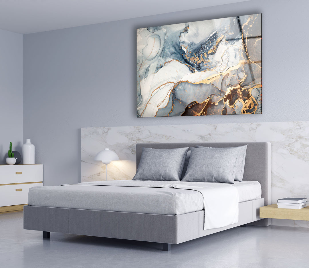 Luxury Blue & Gold Marble Wall Art – Elegant Abstract Glass Print
