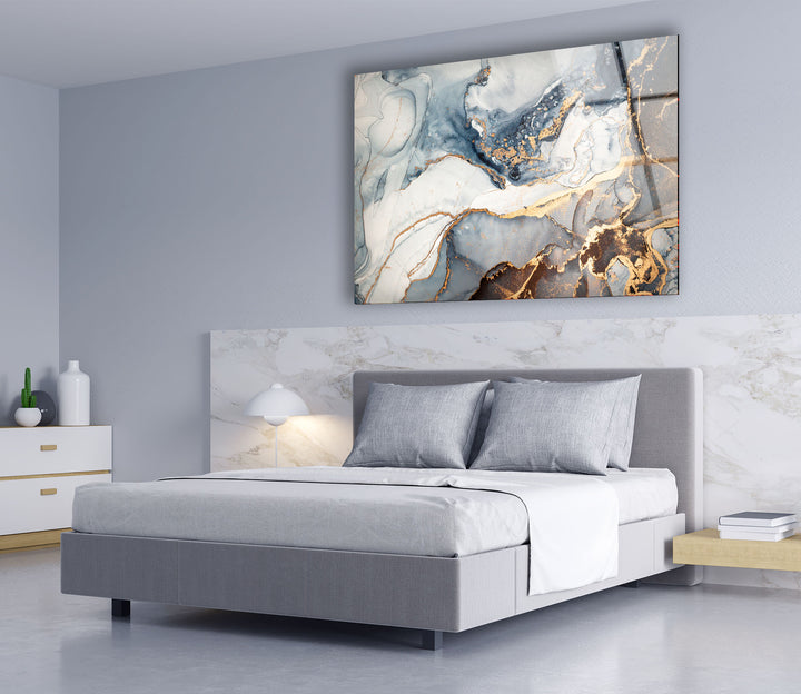 Luxury Blue & Gold Marble Wall Art – Elegant Abstract Glass Print