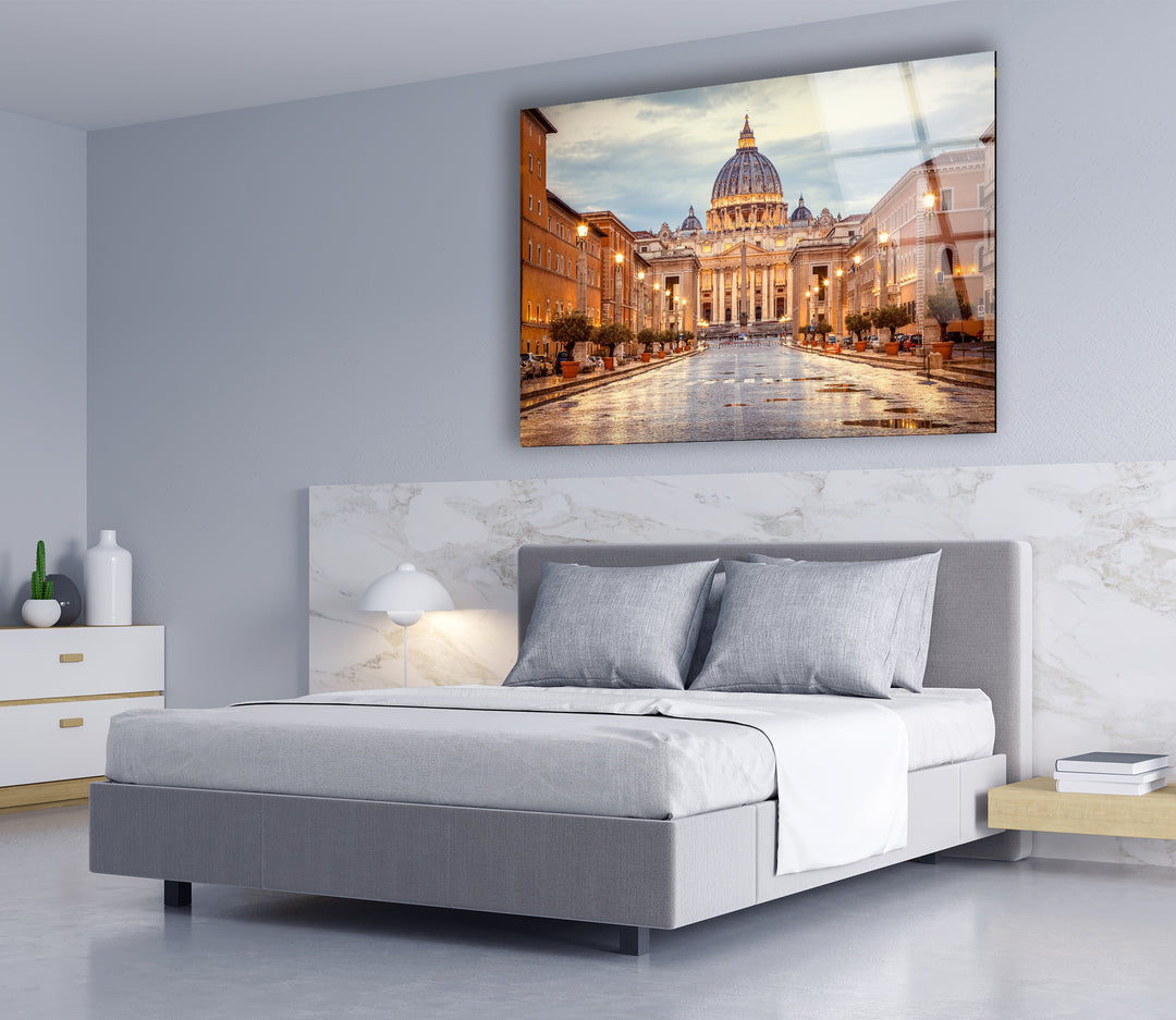 Glaswandkunst Vatikanstadt – Majestätischer Blick auf den Petersdom in der Abenddämmerung