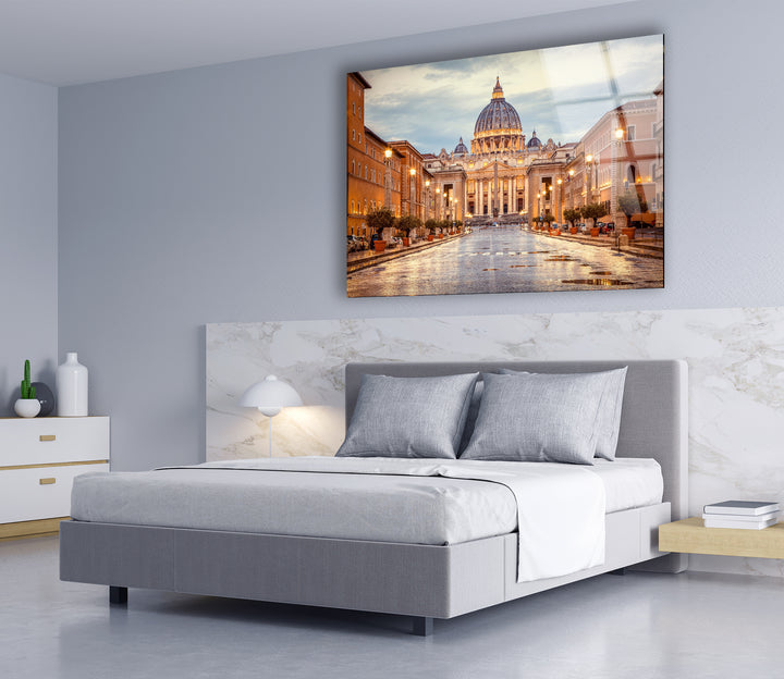 Glaswandkunst Vatikanstadt – Majestätischer Blick auf den Petersdom in der Abenddämmerung