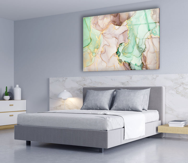 Mint & Gold Marble Wall Art – Pastel Abstract Glass Print Decor