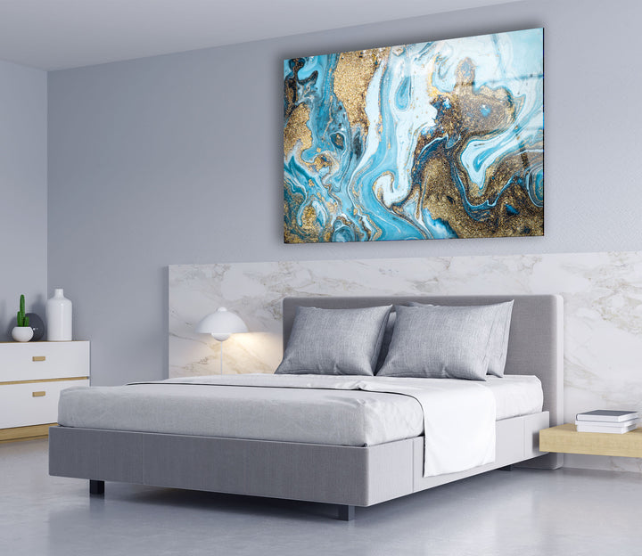 Türkis &amp; Gold Marmor Wandkunst – Abstraktes Glasdruck Dekor 