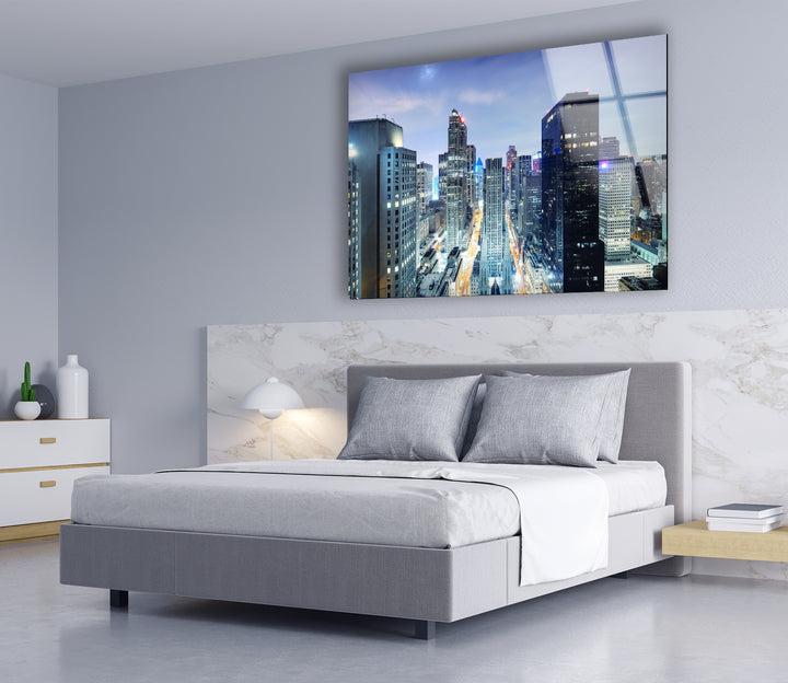 Glaswandkunst mit der Skyline von Chicago – Atemberaubender Nachtblick auf die Wolkenkratzer und Straßen der Innenstadt