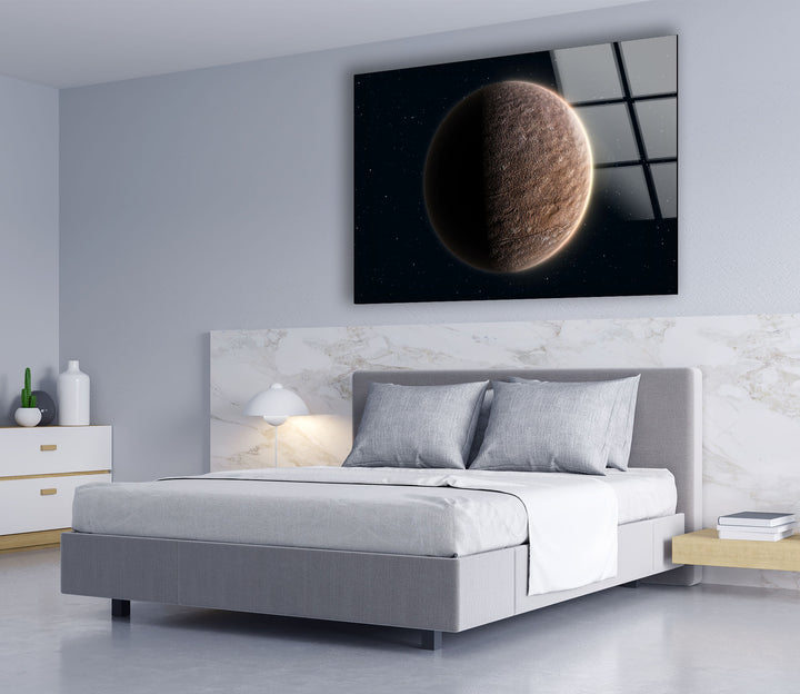 Wandkunst auf der Mondoberfläche – Minimalistischer Weltraum-Glasdruck 