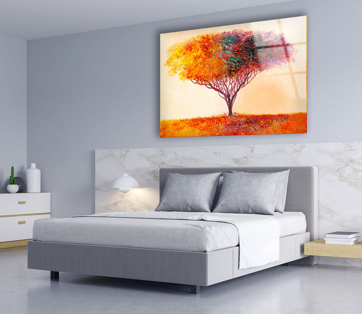 Farbenfrohe Baum-Wandkunst – Lebendiger abstrakter Naturdruck auf Glas 