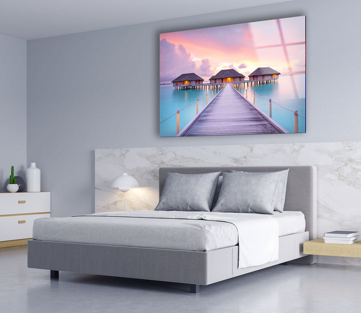 Wandkunst „Überwasserbungalows“ – Glasdruckdekor „Tropischer Sonnenuntergang“ 