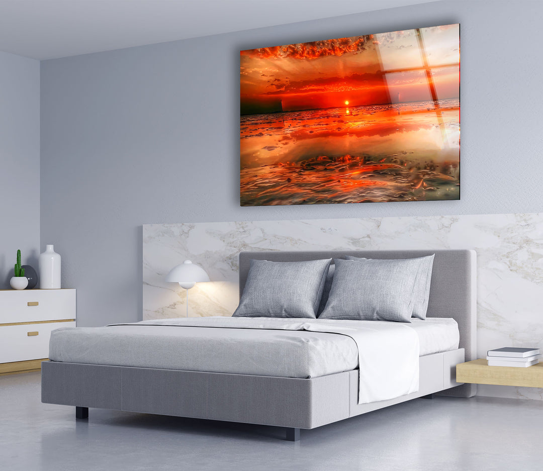 Feurige Sonnenuntergangsküste Wandkunst – Lebendiger Ozean-Glasdruck 