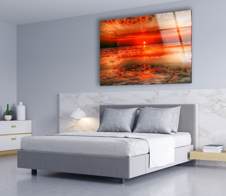 Feurige Sonnenuntergangsküste Wandkunst – Lebendiger Ozean-Glasdruck 